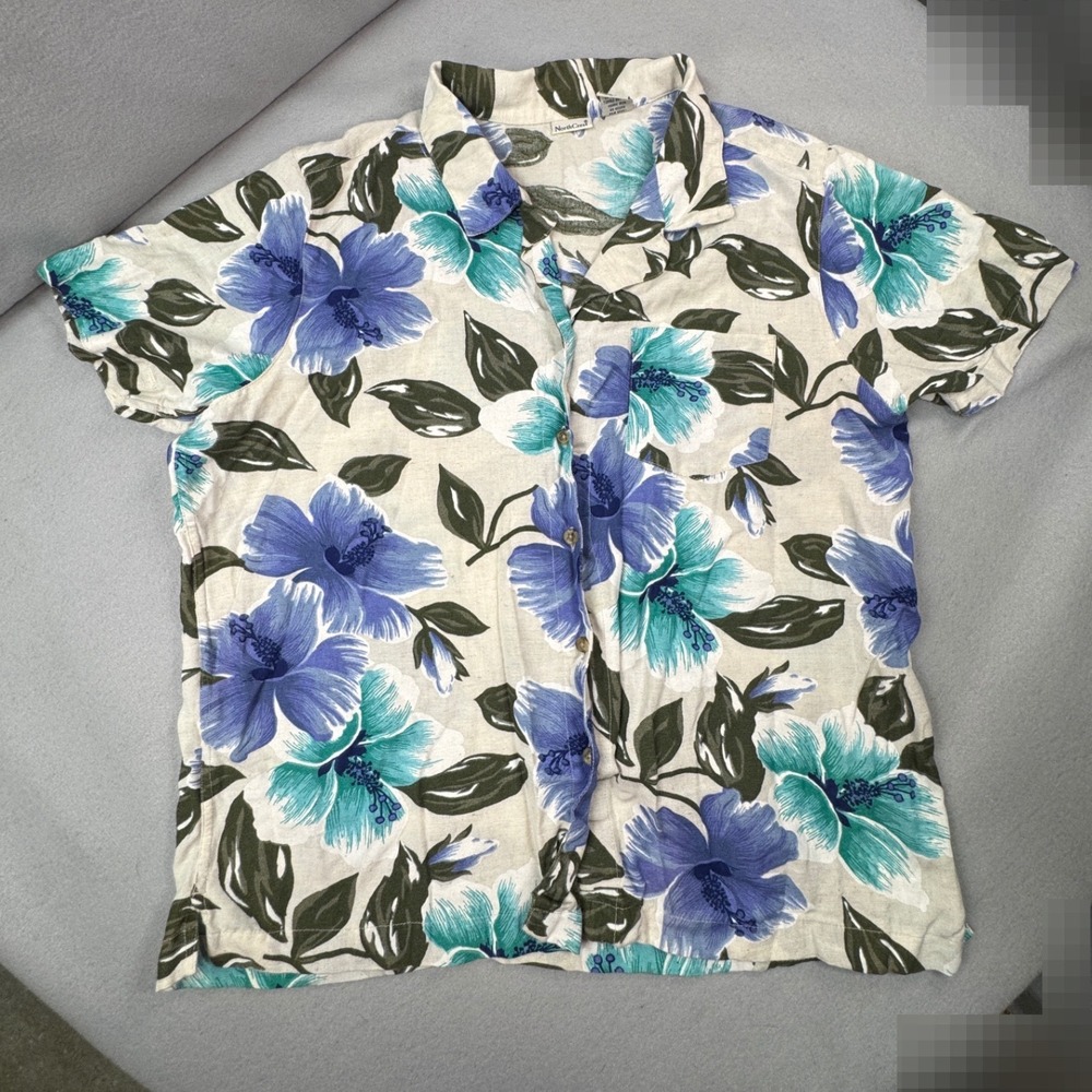 Coastal Tropical Shirt Womens L Teal Purple Floral Cotton Linen Blend Grandma